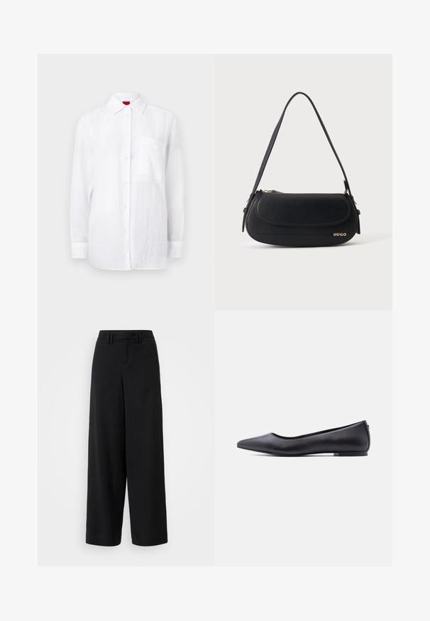 Chemise blanche à manches longues en tissu léger, avec un devant à boutons, un col et une poche poitrine sur le côté gauche. Fini texturé subtil.; Pantalons large en noir en tissu lisse, avec une taille plate, des détails plissés et des passants de ceinture à la taille.; Chaussure plate en cuir noire à bout pointu avec petit talon, vue de profil sur fond blanc.; Sac à épaule en cuir noir avec rabat incurvé, logo doré "HUGO" sur le devant, et une bandoulière réglable.
