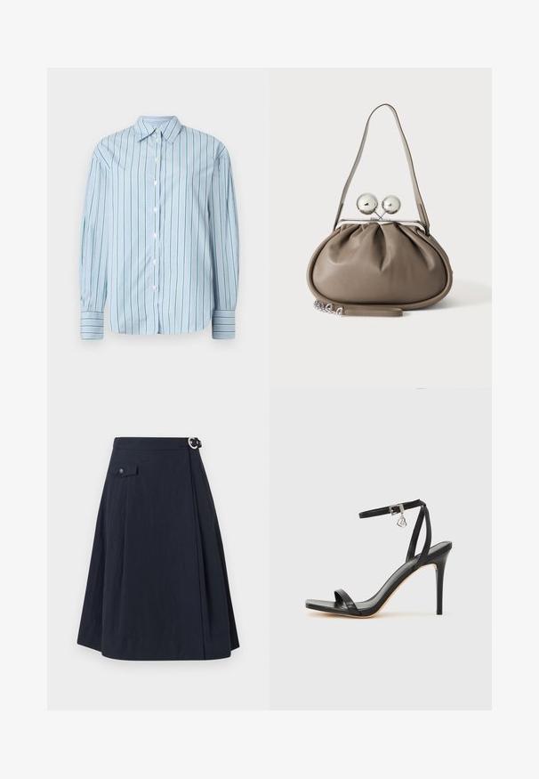 Chemise à manches longues bleu clair avec des rayures verticales vertes, boutonnière à l'avant et poignets rayés contrastants. Tissu lisse, design de col classique.; Jupe évasée bleu marine avec fermeture à boutons sur le côté, dotée d'une poche avant et d'un tissu lisse et léger avec un léger éclat.; Sandale à talon haut noire avec une bride étroite à la cheville, bout carré, cuir lisse et accent de boucle métallique.; Sac à main en cuir gris de forme arrondie, fermeture supérieure avec deux grandes sphères argentées, et une seule anse.