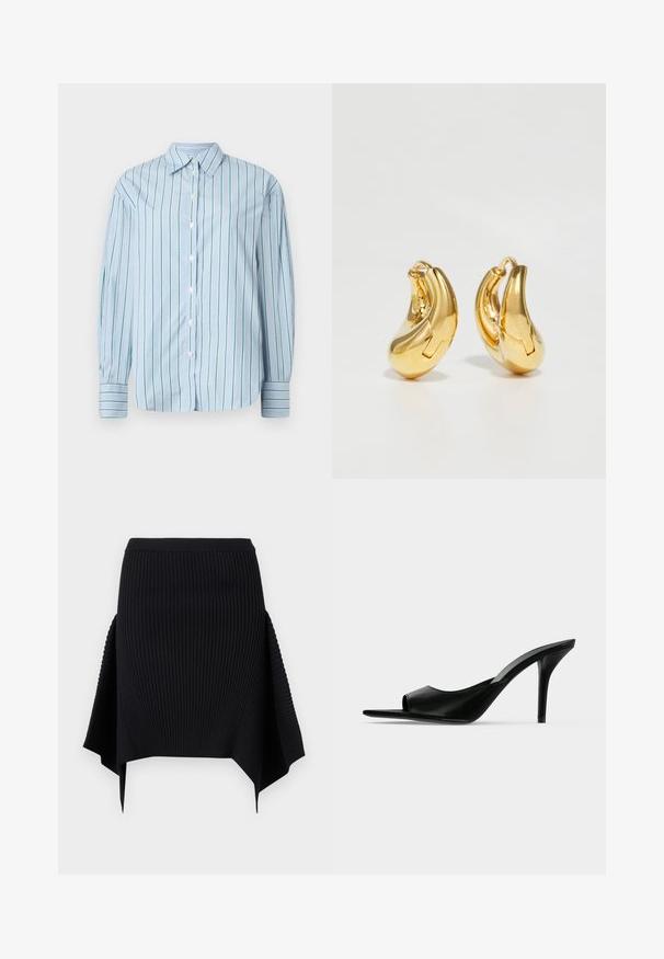 Chemise à manches longues bleu clair avec des rayures verticales vertes, boutonnière à l'avant et poignets rayés contrastants. Tissu lisse, design de col classique.; Jupe noire en maille côtelée avec ourlet en mouchoir asymétrique et taille cintrée, sur fond blanc uni.; Mule à talon haut en cuir noir à bout ouvert avec un talon stiletto fin, vue de profil sur un fond uni.; Boucles d'oreilles en or en forme de d'anneaux lisses et courbés avec une finition polie. Équipées d'un mécanisme de fermeture et de légères indentations pour le détail.