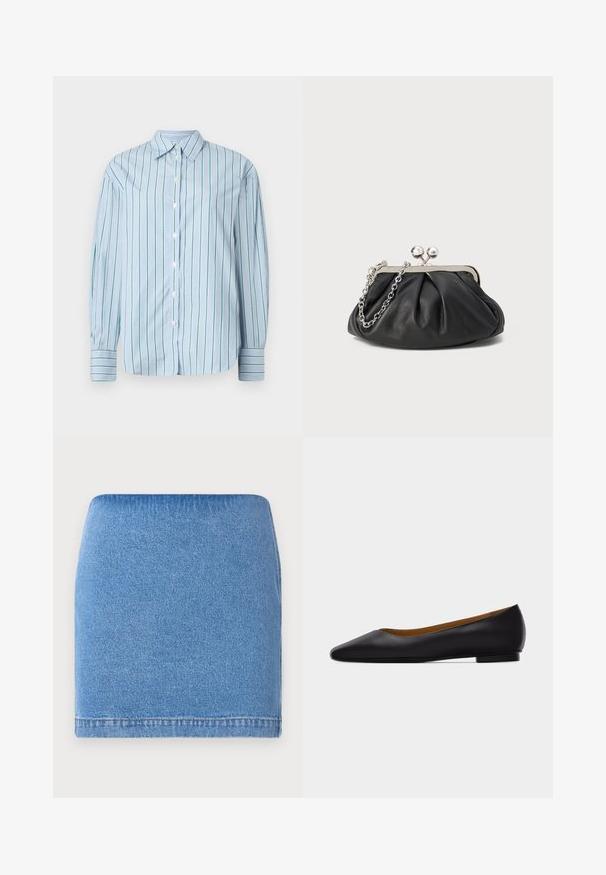 Lichtblauw overhemd met lange mouwen, verticale groene strepen, knoopsluiting aan de voorkant en contrasterende gestreepte manchetten. Glad materiaal, klassiek kraagontwerp.; Denim mini-jurk in lichtblauw met een aansluitend ontwerp, rechte zoom en subtiele textuur. Geen zichtbare sluitingen of zakken.; Zwarte leren puntschoen met lage hak en gladde afwerking, zijaanzicht op een lichtgrijze achtergrond.; Zwarte leren clutch met geplooide textuur, zilverkleurig metalen frame, drukknopsluiting en kettingriem. Glad, zacht oppervlak.