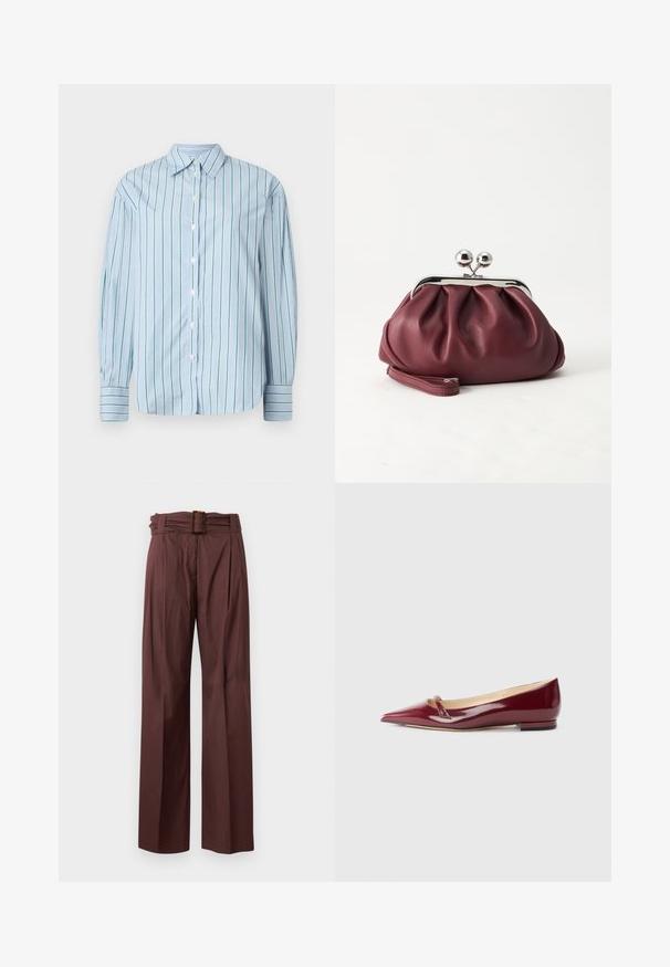 Lichtblauw overhemd met lange mouwen, verticale groene strepen, knoopsluiting aan de voorkant en contrasterende gestreepte manchetten. Glad materiaal, klassiek kraagontwerp.; Bruine hoge taille broek met wijde pijpen, geplooide voorkant en een bijpassende riem met een rechthoekige schildpadgesp.; Bordeaux patent leren ballerina's met een puntige neus, voorzien van een klein uitsnijdetail en een lage hak. Glad textuur en een slank ontwerp.; Kleine bordeauxrode leren clutch-portemonnee met zilverkleurige metalen sluiting en polsbandje op een witte achtergrond.