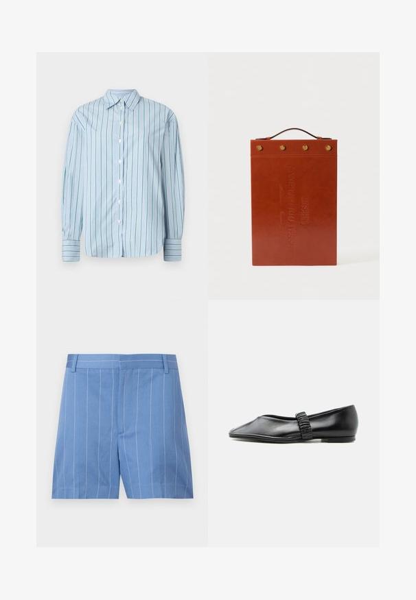 Chemise à manches longues bleu clair avec des rayures verticales vertes, boutonnière à l'avant et poignets rayés contrastants. Tissu lisse, design de col classique.; Shorts bleu clair avec des rayures verticales blanches, présentant une texture lisse, un devant plat et une taille standard avec des passants de ceinture.; Chaussure plate en cuir noir avec une bride froncée sur le dessus et un bout légèrement pointu, présentée sur un fond uni.; Porte-documents en cuir marron avec une forme rectangulaire plate, texte en relief, une poignée supérieure et des accents en métal doré.