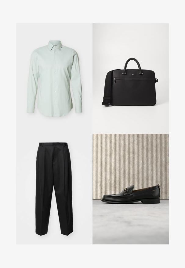 Chemise habillée pour homme à manches longues de couleur vert clair, avec une patte de boutonnage à l'avant et un col pointu, sur un fond blanc uni.; Pantalon noir ajusté avec taille haute, jambes larges et plis marqués. Fabriqué dans un tissu lisse avec passants de ceinture et sans quincaillerie visible.; Mocassin en cuir noir avec mors en métal doré et logo "HUGO", présenté sur un tapis beige et un meuble translucide marron.; Sac en cuir noir avec une texture lisse, deux poignées supérieures et une bandoulière amovible. Il dispose d'une poche avant zippée et de détails de logo.