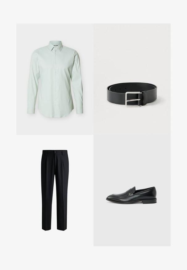 Chemise habillée pour homme à manches longues de couleur vert clair, avec une patte de boutonnage à l'avant et un col pointu, sur un fond blanc uni.; Pantalons noirs en tissu lisse, avec une coupe droite, des plis à l'avant et une fermeture à bouton avec passants de ceinture.; Mocassin pour hommes en cuir noir avec talon bas, bout arrondi et petit logo métallique sur la bride, présenté en profil latéral sur un fond uni.; Ceinture en cuir noir à finition lisse, avec une boucle rectangulaire en métal argenté et plusieurs trous de réglage.