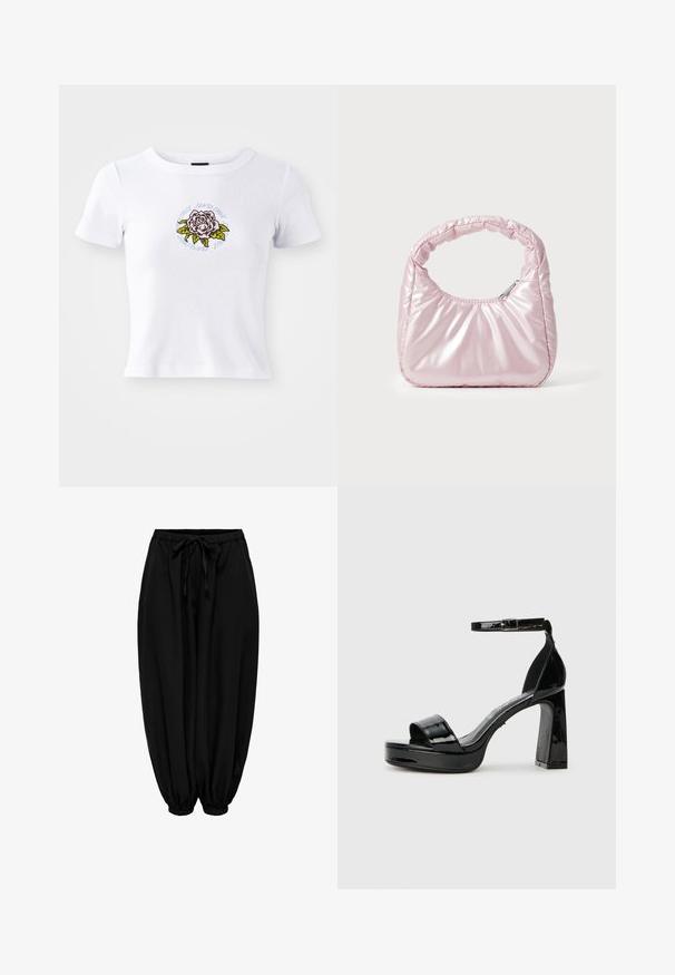 Weißes T-Shirt mit kurzen Ärmeln und figurnaher Passform, das ein zentriertes gesticktes Rosenmotiv und kreisförmigen Text um die Blume herum zeigt.; Schwarze, weit geschnittene Hose mit elastischem Bund und Beinabschlüssen, Kordelzug am Bund und gerafften Bündchen.; Buffalo ALICE NEAT - High Heel Sandalette - black; Rosa, gepolsterte Handtasche mit abgerundeter Form, aus glänzendem Material gefertigt. Verfügt über einen gerafften Griff und einen Reißverschluss für sicheren Zugang.