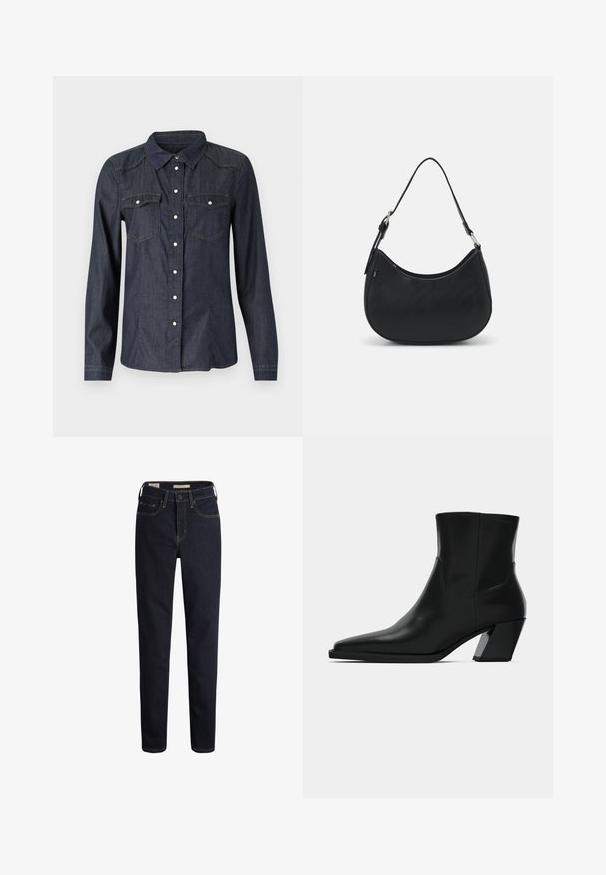Donkerblauw denimshirt met lange mouwen, knoopsluiting aan de voorkant, twee borstzakken en zichtbare stiknaden. Klassiek kraagontwerp.; Donkerblauwe denim jeans met een rechte pasvorm, voorzien van voorzakken, een ritssluiting en contrasterende goudgele stikdetails.; Zwarte leren enkelboot met een spitse neus, een slanke silhoeet en een chunky vierkante hak. Gladde textuur met minimale stikdetails.; Zwarte hobo tas van soepel leer met een gebogen silhouet, voorzien van een enkele verstelbare schouderriem en minimalistische ontwerpdetails.