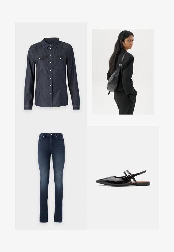 Donkerblauw denimshirt met lange mouwen, knoopsluiting aan de voorkant, twee borstzakken en zichtbare stiknaden. Klassiek kraagontwerp.; Donker gewassen denim jeans met een slim fit, hoge taille, vijf zakken ontwerp en metalen knoopsluiting. Gladde textuur met lichte vervaging.; Zwarte gepatineerde leren slingback schoenen hebben een spitse neus, twee banden met gespsieraden en een platte zool.; Vrouw met lang donker haar in een zwart pak, met een zwart leren schoudertas, die over haar schouder kijkt tegen een witte achtergrond.