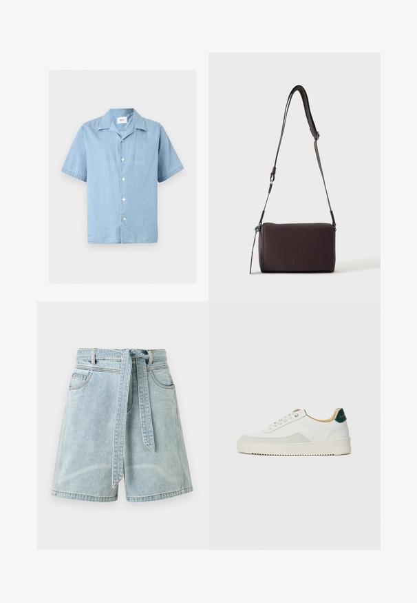Chemise bleu clair à manches courtes, boutonnée, avec un col classique et des boutons blancs, étalée à plat sur un fond neutre.; Short en jean bleu clair avec des poches devant et une ceinture en tissu assortie nouée à la taille.; Baskets blanches avec des accents en daim, bout arrondi, lacets plats et semelle en caoutchouc crème. Présente une marque verte sur le talon.; Sac bandoulière en cuir marron foncé texturé avec une sangle réglable et un petit accent décoratif bleu sur le côté.