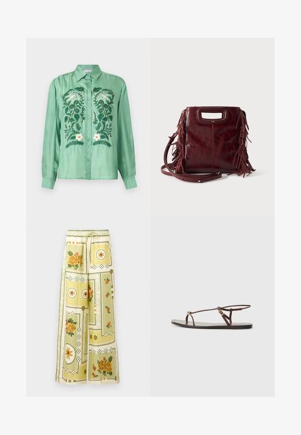 Chemise verte à manches longues avec boutons, brodée d'oiseaux blancs, de feuilles vertes et de fleurs blanches sur le devant.; Pantalon à jambes larges avec motifs patchwork floraux et géométriques jaune clair, ceinturé d'une bande élastique et d'un cordon de serrage.; Sandale en cuir marron avec des fines lanières, un accent circulaire doré et une semelle plate. Design minimaliste avec un détail de boucle réglable.; Sac à main carré en cuir bordeaux avec poignée découpée, détails de franges latérales et bandoulière réglable sur fond uni.