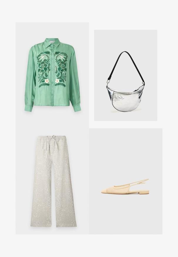 Chemise verte à manches longues avec boutons, brodée d'oiseaux blancs, de feuilles vertes et de fleurs blanches sur le devant.; Pantalon à jambes larges en tissu gris clair avec un motif léopard subtil, doté d'une ceinture élastique et d'un cordon ajustable.; Chaussure plate slingback en beige clair avec une tige en maille, un bout pointu et un petit talon. Dotée d'une sangle ajustable pour un bon maintien.; Sac d’épaule métallique argenté en forme de croissant avec sangle noire réglable et fermeture éclair sur fond clair uni.