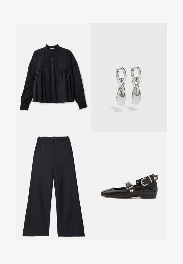 Vanessa Bruno DAHLIA - Blouse - noir; Maje PIMANO - Pantalon classique - noir; Ballerine en cuir verni noir avec un bout carré, sangle de cheville avec des détails en métal argenté et semelle plate. Texture lisse avec un design minimaliste.; Boucles d'oreilles en argent avec des maillons ovales allongés, présentant une finition polie et un pendentif tombant texturé. Design simple avec des bords lisses.