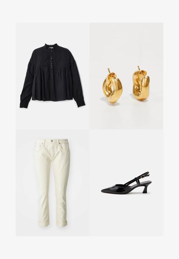 Vanessa Bruno DAHLIA - Blouse - noir; Jean en denim beige avec une coupe ajustée, comportant cinq poches, une fermeture éclair et des ourlets roulés pour une finition cropped.; Chaussure slingback en cuir verni noir à petit talon, bout pointu et bride réglable avec boucle dorée sur fond blanc.; Boucles d'oreilles créoles en or massif avec un design tubulaire légèrement tordu et des fermoirs à tige sur un fond blanc.