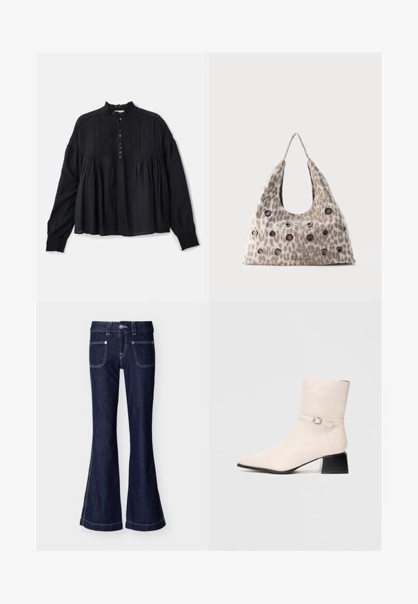 Vanessa Bruno DAHLIA - Blouse - noir; Jean évasé bleu foncé avec poches avant plaquées, surpiqûres blanches contrastantes, passants de ceinture et fermeture à bouton métallique à la taille.; Bottine couleur crème avec une sangle à boucle en argent et un talon bloc noir, présentée de profil sur un fond uni.; Sac à main imprimé léopard beige avec des œillets métalliques noirs répartis sur le devant et une seule poignée supérieure sur un fond uni.