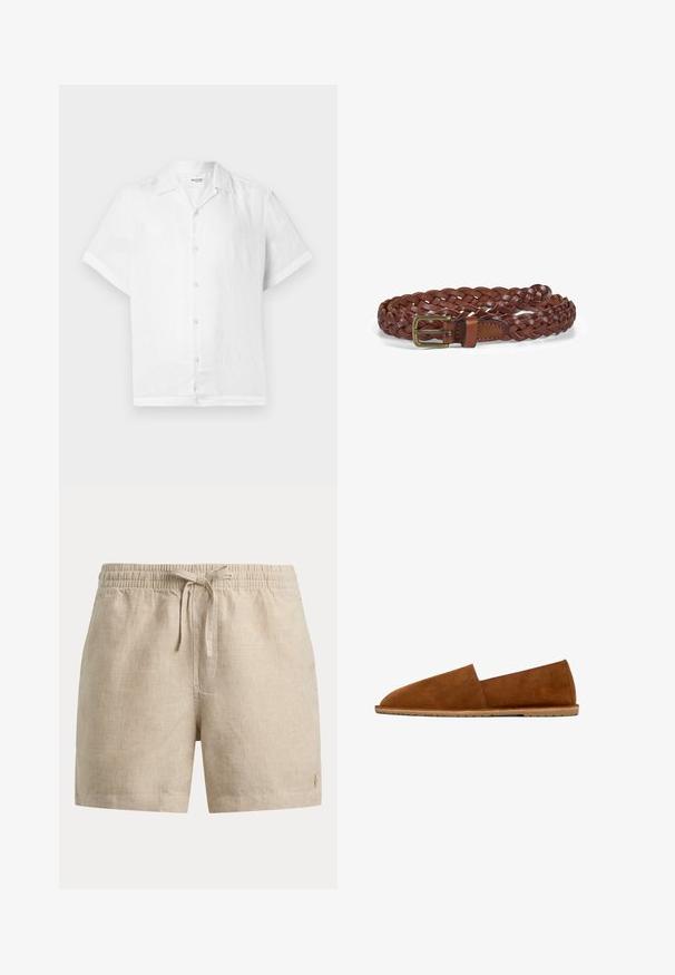Camisa de lino blanca de manga corta con cuello y cinco botones claros en la parte delantera; textura suave y corte relajado.; Pantalones cortos a cuadros beige con cintura elástica y cordón delantero, que muestran un pequeño logo bordado en la parte inferior de la pierna izquierda.; Zapato plano marrón de ante tipo slip-on con suela baja y diseño lateral abierto sobre fondo blanco.; Cinturón de cuero trenzado marrón con hebilla de metal, que presenta una textura suave y un diseño clásico. Los extremos están cosidos de forma segura para mayor durabilidad.