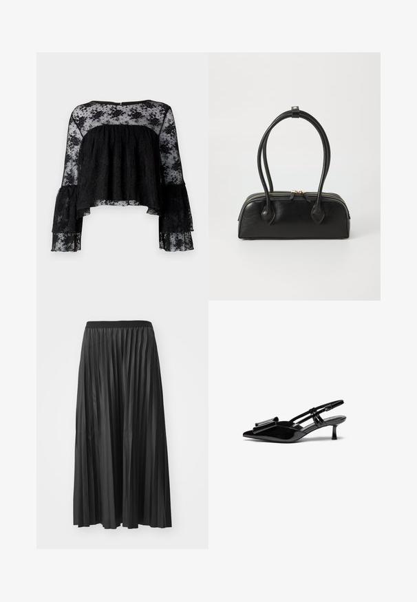 Zwarte blouse met lange klokmouwen, met een textuur van geribbeld materiaal en een doorschijnende bloemenkant overlay. Geronde halslijn en sluiting met knopen op de rug.; Zwarte geplisseerde maxi rok met een gladde textuur en een elastische tailleband, met verticale plooien die volume en beweging creëren.; Zwarte gepatineerde lederen slingback hakken met een puntige neus, een strikdetail aan de voorkant en een kleine stilettohak. De bandjes hebben verstelbare gespen.; Zwarte leren handtas met twee verlengde handvatten, ritsluiting en ronde vorm; gladde textuur met subtiele glanzende afwerking.
