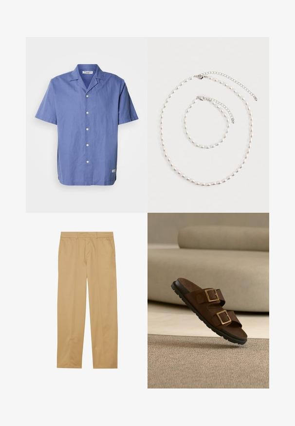 Korte mouw, lichtblauw shirt van linnen met een campkraag, knopen aan de voorkant en een klein label aan de zijkant van de zoom. Het heeft een gladde textuur.; Khaki broeken van gladde stof, met een recht gesneden ontwerp, twee voorzakken en schone, minimalistische stikdetails.; Bruine slippers met twee verstelbare gespen en een zwarte geribbelde zool, geplaatst boven een beige tapijt en een bank op de achtergrond.; Parelketting en bijpassende armband met zilveren ketting sluitingen, gerangschikt op een witte achtergrond.