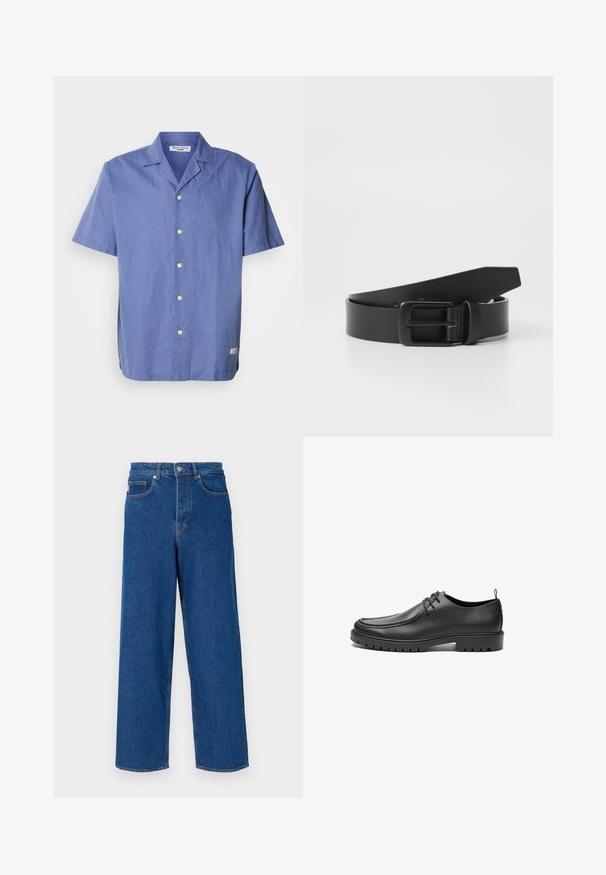 Kortærmet, lyseblå skjorte lavet af hør med camp krave, knapper fortil og et lille mærke på siden af sømmen. Glat tekstur.; Bredde ben blå jeans lavet af denim, med høj talje, fem-lomme design og kontrastsyninger langs sømene og lommerne.; Sorte lædersko med en glat overflade, rund tå og dekorativ stikning. Har en gummisål med skridsikre spor og snørebåndsdesign.; Sort læderbælte med spænde i mat sort metal, der har en glat tekstur og enkelt design. Justerbar længde med en tilspidset ende.