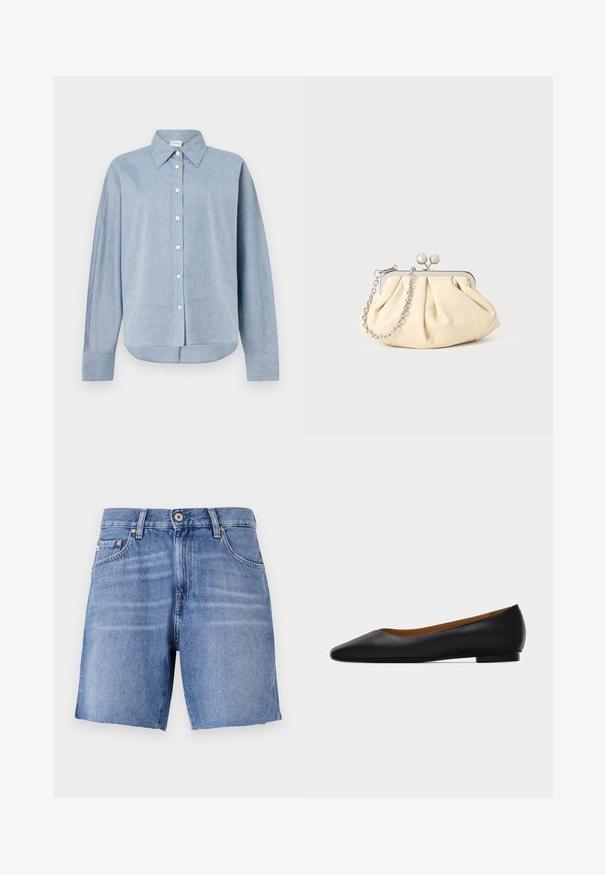 Lichtblauw overhemdd met lange mouwen, gemaakt van lichtgewicht stof, met een puntige kraag en een gebogen zoom. Klassieke knoopdetails.; Lichtblauwe denimshorts met een recht model, verbrokkelde zoom, vijf zakken en sluiting met een metalen knoop. De stof heeft een gladde textuur met een lichte vervaging.; Zwarte leren puntschoen met lage hak en gladde afwerking, zijaanzicht op een lichtgrijze achtergrond.; Geplooide beige leren clutch met een zilveren metalen frame, voorzien van twee ronde decoratieve sluitingen en een zilveren kettingriem.
