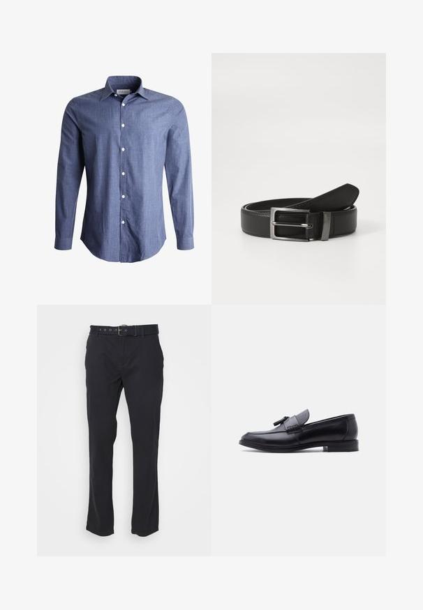 Chemise à manches longues bleue en tissu léger, avec un col classique, un devant à boutons et des boutons blancs. Texture lisse, design polyvalent.; Pantalon en coton noir à coupe droite, doté d'une ceinture avec des éléments en métal et d'une texture subtile. Pas de motifs ni d'accents visibles.; Mocassin en cuir noir avec panneau en tissu gris texturé et détail à pampilles, talon bas et bout arrondi, vu de côté sur fond blanc.; Ceinture en cuir noir avec une boucle en métal argenté, présentant une finition lisse et un design classique. La ceinture est soigneusement pliée.