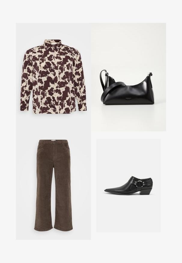 Bruine en crèmekleurige shirt met patroon, met kraag en lange mouwen, voorzien van knoopsluiting en een gladde stofstructuur.; Bruine corduroy broek met een breedbeenontwerp, voorzien van een knoopsluiting, ceintuurlussen en voortassen. Zachte textuur en ribbelstof.; Zwarte leren enkellaarzen met een spitse neus, voorzien van een leren band aan de voorkant en een zilveren gesp detail, en een lage, blokhak.; Zwarte leren handtas met een gladde textuur. Beschikt over een verstelbare schouderband en een strak, minimalistisch ontwerp met een ritssluiting.