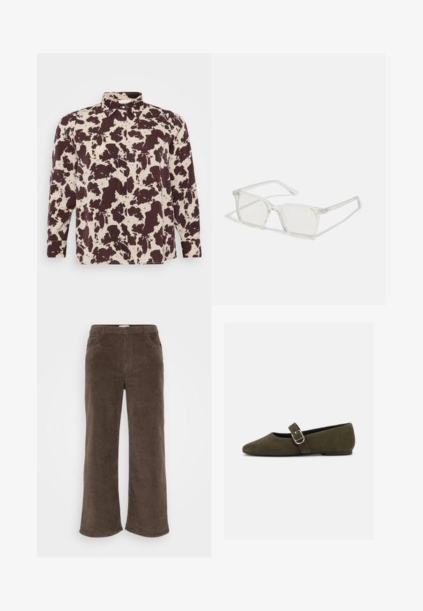 Bruine en crèmekleurige shirt met patroon, met kraag en lange mouwen, voorzien van knoopsluiting en een gladde stofstructuur.; Bruine corduroy broek met een breedbeenontwerp, voorzien van een knoopsluiting, ceintuurlussen en voortassen. Zachte textuur en ribbelstof.; Olijfgroene suède Mary Jane platte schoen met zilveren gespsluiting en afgeronde neus, getoond op een witte achtergrond.; Heldere plastic vierkante monturen met doorzichtige glazen, gekenmerkt door gouden accenten op de slapen voor extra detail.