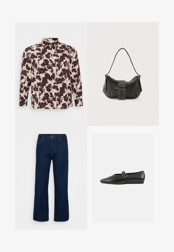 Brun og creme mønstret skjorte, med krave og lange ærmer, der har knaplukning og en glat stoftekstur.; Mørkeblå denim jeans med lige pasform, der har en lynlås, fem lommer og synlige syninger.; Sorte læder flade sko med spidse tæer, prydet med en metallisk spænde over vristen og en lav, fleksibel sål.; Sort læder skuldertaske med spænde på remmen, afrundede kanter og kontrasterende hvide syninger på en ensfarvet baggrund.