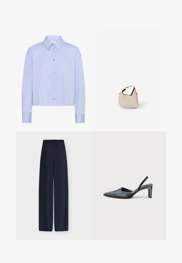 Lichtblauw cropped button-up shirt met een kraag, lange mouwen en doorzichtige knopen. Subtiele logo-detail op de borst.; Navyblauwe broek met wijde pijpen, een hoge elastische tailleband, rechte snit en geen zichtbare zakken, getoond tegen een effen achtergrond.; Zwarte slingback hak met een puntige neus, een gladde satijnen afwerking en een slanke hak van 7,5 cm. Open zijkantontwerp met minimale stikdetails.; Beige leren handtas in halvemaanvorm met een enkele schouderband en minimale stiksels, afgebeeld tegen een effen witte achtergrond.