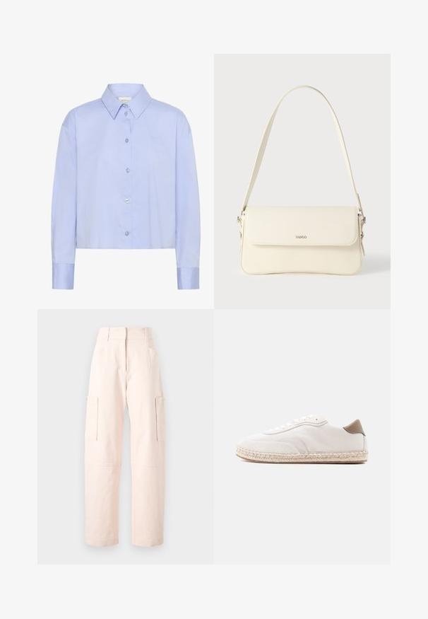 Lichtblauw cropped button-up shirt met een kraag, lange mouwen en doorzichtige knopen. Subtiele logo-detail op de borst.; Lichtroze cargobroeken van katoen, met een rechte snit, twee zijzakken en een tailleband met elastische details.; Witte sneaker met een bovenwerk van suède, beige accenten en een gevlochten juten zool. Voorzien van platte veters en een gebrandmerkt zijlogo.; Schoudertas van crèmegekleurd leer met een klepafsluiting, zilverkleurige hardware, een enkele verstelbare riem en subtiele logodetails.