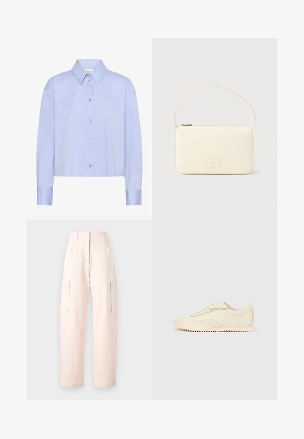 Lichtblauw cropped button-up shirt met een kraag, lange mouwen en doorzichtige knopen. Subtiele logo-detail op de borst.; Lichtroze cargobroeken van katoen, met een rechte snit, twee zijzakken en een tailleband met elastische details.; Low-profile sneaker in crèmekleur met golvende stiksels, vetersluiting en een geribbelde zool, zijaanzicht tegen een effen achtergrond.; Roomkleurige rechthoekige handtas met een enkele draagband en een ritssluiting aan de bovenkant, met een klein ingegraveerd logoplacaat op de voorkant.
