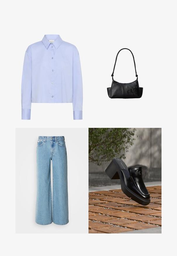 Camisa corta de botón azul claro con cuello, mangas largas y botones transparentes. Detalle sutil del logo en el pecho.; Jeans de mezclilla de corte ancho en un tono azul claro, con cintura alta, diseño de cinco bolsillos y un ligero desgastado en la tela.; Mule tipo slip-on de cuero negro de Calvin Klein con tacón de bloque descansando sobre baldosas de madera al aire libre cerca de una planta verde y una pared gris.; Bolso de hombro de cuero negro con correa larga, bolsillos laterales y logo de Calvin Klein en relieve en la parte delantera.