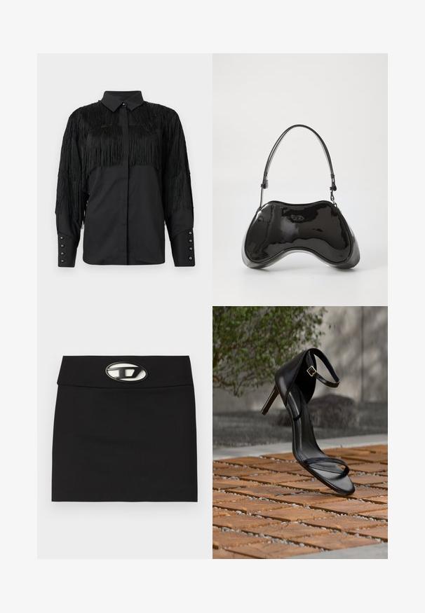 Schwarze Bluse mit fransigen Akzenten an den Schultern und am Rücken, mit einer durchgehenden Knopfleiste und langen Ärmeln. Perlenartige Knöpfe an den Manschetten.; Schwarzer Minirock mit flachem Bund. Verfügt über eine auffällige metallische Logo-Schnalle an der Vorderseite. Hergestellt aus glattem Stoff ohne sichtbare Muster.; Schwarze Sandalette mit hohem Absatz und Knöchelriemen schwebt über einem Holzboden im Freien vor verschwommenem Grün und Steinhintergrund.; Schwarze Handtasche aus lackiertem Leder mit einer einzigartigen, geschwungenen Form, kurzem verstellbarem Griff und einem Reißverschluss oben. Glatte Textur mit dezentem Branding.