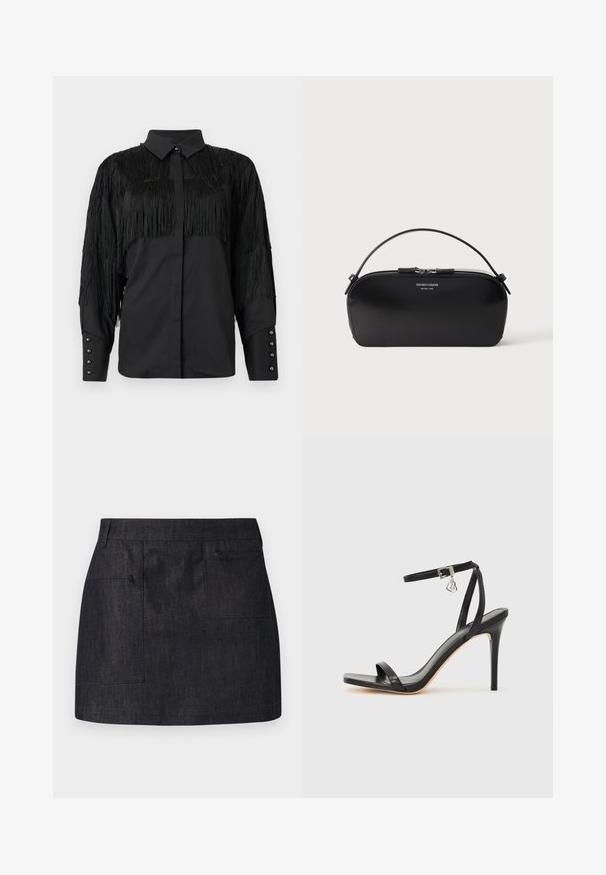 Schwarze Bluse mit fransigen Akzenten an den Schultern und am Rücken, mit einer durchgehenden Knopfleiste und langen Ärmeln. Perlenartige Knöpfe an den Manschetten.; Dunkelblauer Jeansrock mit gerader Passform, ausgestattet mit zwei Fronttaschen und subtiler Textur. Sauberer Saum und klassisches Taillendesign.; Schwarze High-Heel-Sandale mit schmalem Knöchelriemen, quadratischer Zehenbox, glattem Leder und metallischem Schnallenakzent.; Schwarze Leder-Armbandtasche mit silbernem Reißverschluss und kurzem Griff, geprägtes Emporio Armani Milano 1981-Logo auf der Vorderseite.