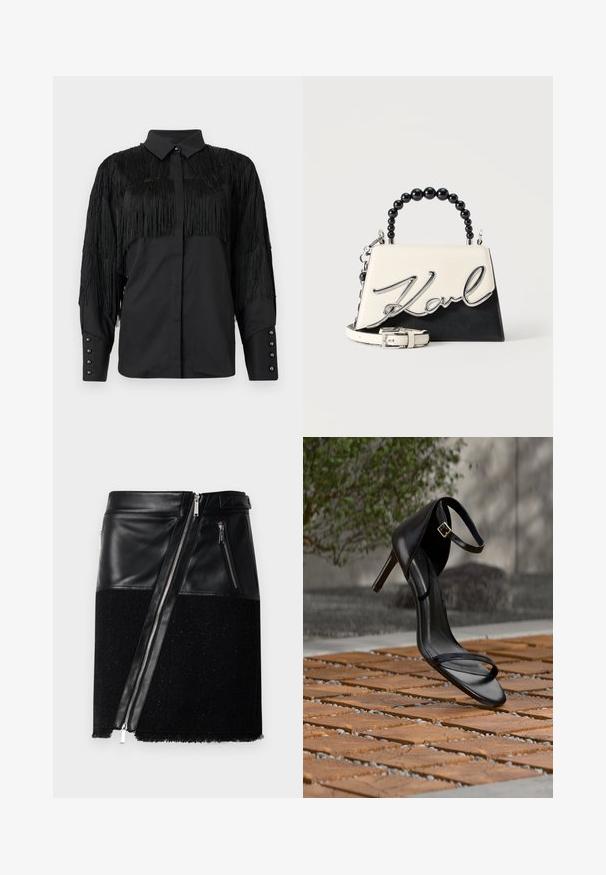 Blusa negra con adornos de flecos en los hombros y la espalda, con un cierre de botones en la parte delantera y mangas largas. Botones perlados en los puños.; Falda negra que combina cuero y tejido texturizado. Presenta un zipper diagonal, dos bolsillos laterales con cremallera y un dobladillo deshilachado en la parte inferior.; Sandalia negra de tacón alto con correa en el tobillo, parece suspendida sobre un suelo de baldosas de madera al aire libre, con un fondo difuminado de vegetación y piedra.; Pequeño bolso de mano en blanco y negro con asa de cuentas negras, correa desmontable y decoración plateada con la palabra "Karl" en la solapa frontal.