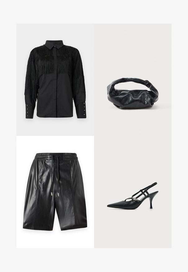 Sort bluse med frynse-detaljer over skuldrene og på ryggen, med knaplukning foran og lange ærmer. Perle-lignende knapper ved manchetterne.; Sorte lædershorts med elastisk talje, snøre detail og sidesømme. Glat tekstur med en glansfuld finish.; Sort læder spids tå slingback hæl med tynde stropper og en lille sølv dekorativ spænde på siden.; Sort taske lavet af blankt, tekstureret materiale med et cirkulært, snoet håndtag og lynlås. Har et blødt, rynket design.