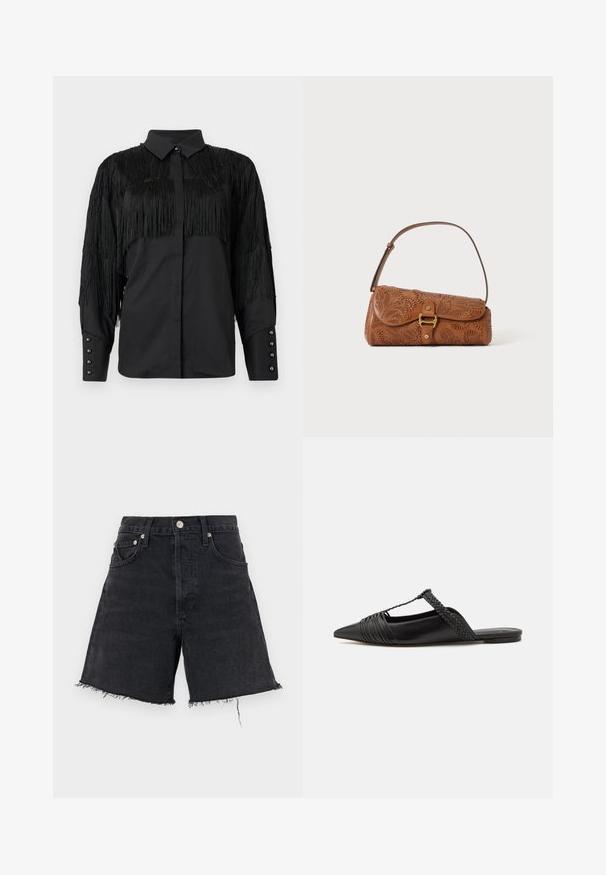 Zwarte blouse met franjes op de schouders en de rug, met een knoopsluiting aan de voorkant en lange mouwen. Pareloog knopen bij de manchetten.; Citizens of Humanity MARLOW LONG SHORT - Jeansshort - upstage; Zwarte leren slingback schoen met een puntige neus, voorzien van een gevlochten accent en geplooid ontwerp aan de bovenkant. Platte zool met minimale hardware.; Bruine leren schoudertas met paisley-uitsnijdingspatroon, goudkleurige gespsluiting en verstelbare band op een effen witte achtergrond.