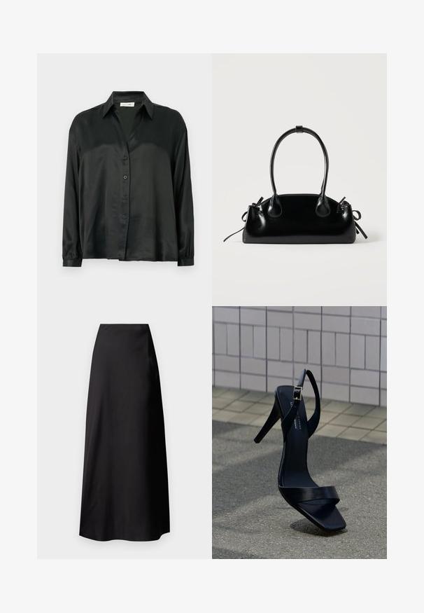 Must mustriba särk, mis sisaldab nööbiga esiosa, pikkade varrukatega elastsete mansettidega ja klassikalise kraega. Sile tekstuur ja minimalistlik disain.; Musthave mustriline elastne seelik sujuva tekstuuriga, kõrge vöökoht, voolav siluett ning nähtavad mustrid või detailid puuduvad.; Must kõrge kontsaga sandaal pahkluu rihma ja ruudukujulise varbaga, asetatud kõnniteele ees taustaks plaaditud sein.; Väike must läikiv käekott kahe pika sangaga ja külgedel paelakinnitustega, ühel lihtsal helel taustal.