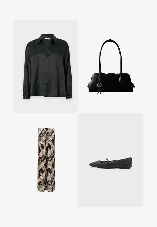 Must mustriba särk, mis sisaldab nööbiga esiosa, pikkade varrukatega elastsete mansettidega ja klassikalise kraega. Sile tekstuur ja minimalistlik disain.; Palazzo püksid, millel on must alus ja julge lehe muster rohelise, beeži ja punase tooni kombinatsiooniga, ning mugavust pakkuv elastne vöökoht.; Mustad tikk-kirjutusega terava ninaga lamedad kingad ja õhuke rihm jala peal tasasel taustal.; Must nahast Calvin Kleini käekott pikkade sangadega, esiküljel logoga silt ja ühe sangast ripub hõbedane geomeetriline ripats.