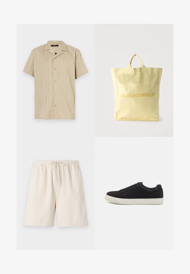 Kortærmet beige skjorte med lodret ribbet struktur, krave-design, knaplukning og en afslappet pasform.; Lys beige ribbede shorts med elastisk talje og snoretræk. Har sidelommer og en afslappet pasform. Materialet er en blanding af bomuld.; Sorte ruskinds sneakers med rund tå, hvid gummisål, kontrasterende blå snørebånd og en glat overflade. Minimalistisk design uden synligt logo.; Lysegul stofindkøbsnet med dobbelte håndtag og mærkenavnet "KARL LAGERFELD" trykt med fede bogstaver på fronten.