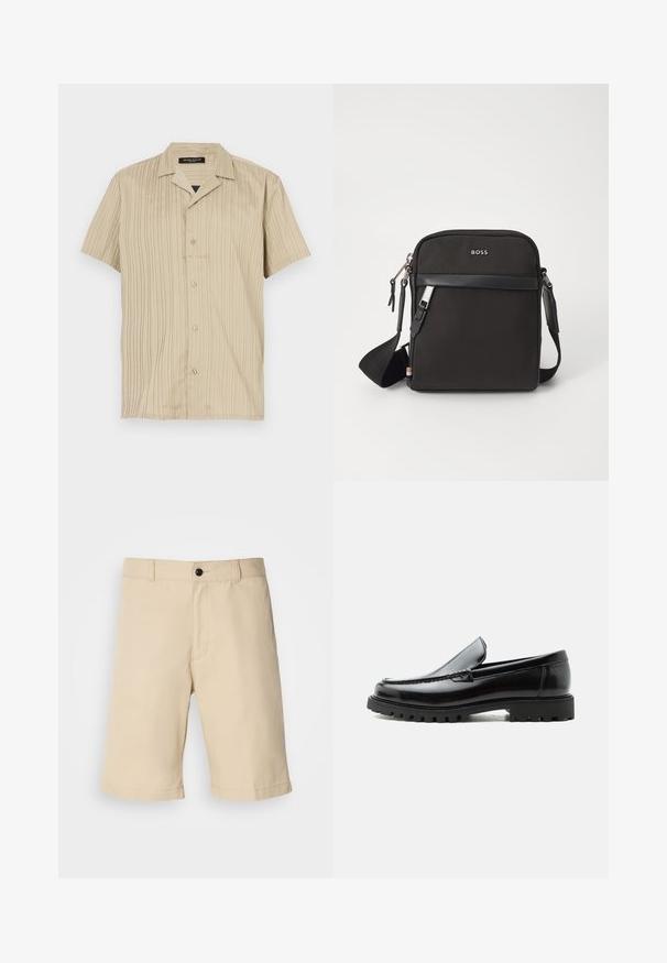 Beige shirt met korte mouwen, verticale ribbels, kraagontwerp, knoopsluiting en een ontspannen pasvorm.; Beige shorts gemaakt van lichte stof, met een platte voorkant, een standaard tailleband met knoopsluiting en een rechte zoom.; Zwarte leren loafer met dikke rubberen zool, gestikte bovenkant en gegraveerde merknaam op de hiel, zijaanzicht op witte achtergrond.; Zwarte schoudertas van textuurstof, met logo aan de voorkant, ritssluiting en verstelbare schouderband. Voorzien van een gladde leren rand.