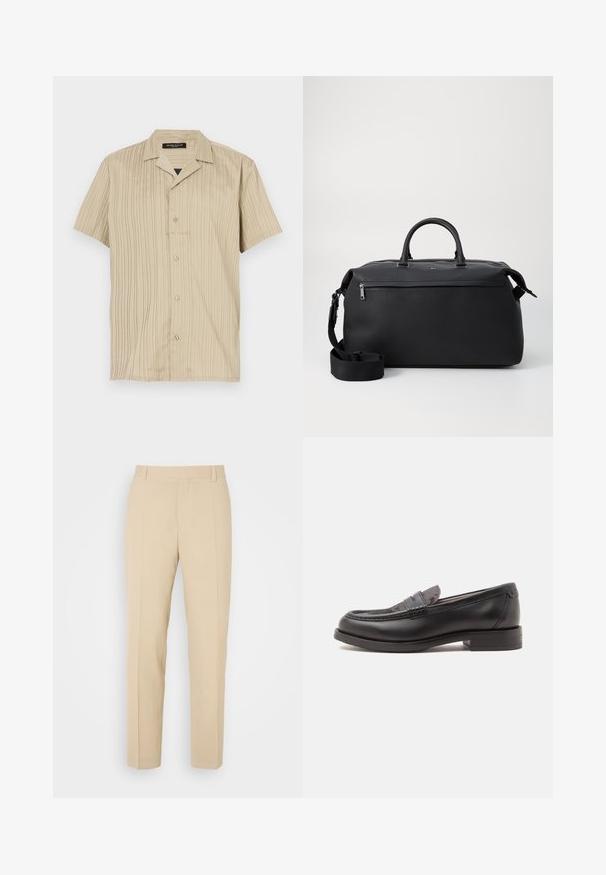 Beige shirt met korte mouwen, verticale ribbels, kraagontwerp, knoopsluiting en een ontspannen pasvorm.; Beige op maat gemaakte broek met een recht gesneden ontwerp, gemaakt van lichtgewicht stof, met twee voorzakken en nette, geplooide vouwen.; Zwarte leren loafer met lage hak en gestructureerd bovenwerk, van opzij getoond op een effen lichte achtergrond.; Zwarte leren reistas met twee bovenhandvaten, een afneembare schouderband en een ritsvak aan de voorkant voor extra opbergruimte.
