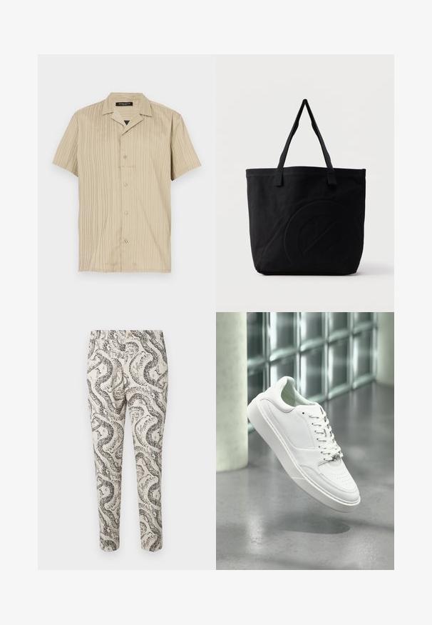 Camisa beige de manga corta con textura de canalé vertical, diseño de cuello, cierre de botones y un corte relajado.; Pantalones estampados con un diseño de serpiente en negro y gris sobre un fondo beige claro, con cierre de botón y corte ajustado.; Zapatilla deportiva de cuero blanco con punta redondeada, cierre frontal con cordones y suela plana de goma. Presenta detalles perforados y un sutil acento con el logo.; Bolsa tote de lona negra con dos correas para el hombro y un diseño circular en relieve sutil en el frente.