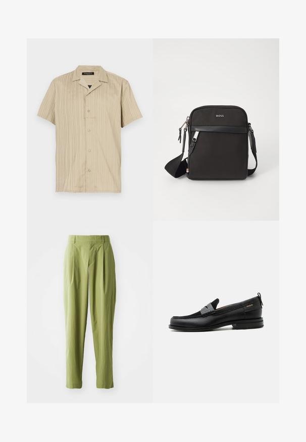 Beige shirt met korte mouwen, verticale ribbels, kraagontwerp, knoopsluiting en een ontspannen pasvorm.; Lichtgroene broek van een gestructureerde stof, met een rechte pasvorm, plooien aan de voorkant en een standaard tailleband.; Zwarte leren loafer met grijs riemdetailelement, lage hak en gestructureerde zool, aan de zijkant gebrandmerkt met "HUGO" in goud.; Zwarte schoudertas van textuurstof, met logo aan de voorkant, ritssluiting en verstelbare schouderband. Voorzien van een gladde leren rand.
