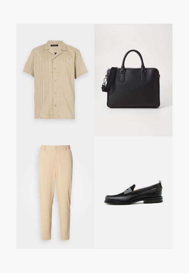 Kortærmet beige skjorte med lodret ribbet struktur, krave-design, knaplukning og en afslappet pasform.; Beige bukser med struktur i slim fit, med knaplukning foran, bæltestropper og sidelommer. Glat stoffinish.; Sort læderloafer med grå remdetalje, lav hæl og tekstureret sål, mærket med "HUGO" i guld på siden.; Sort lædertaske med struktureret overflade, doble håndtag og en aftagelig skulderrem. Har sølvfarvede lynlåse og minimalistiske designelementer.