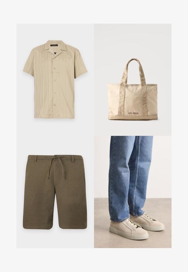 Beige shirt met korte mouwen, verticale ribbels, kraagontwerp, knoopsluiting en een ontspannen pasvorm.; Olijf groene linnen shorts met een vlakke voorkant, drawstring tailleband en zijzakken; textuurstof met een casual, ontspannen pasvorm.; BOSS GARYTENN_SDHDEL - Sneakers laag - natural ten; Beige canvas tas met twee handvatten en een voorvak, "LES DEUX" geborduurd op het vak.