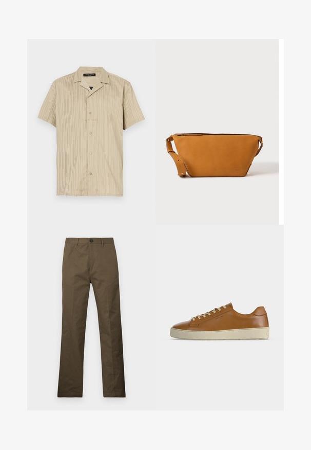 Camisa beige de manga corta con textura de canalé vertical, diseño de cuello, cierre de botones y un corte relajado.; Pantalones de algodón marrones con corte recto, con cierre de botón y bolsillos laterales, mostrados sobre un fondo blanco.; Zapatilla baja de piel marrón con cordones crema y suela gruesa de goma crema mostrada de perfil lateral sobre fondo blanco.; Bolso bandolera de cuero marrón claro con correa ajustable y cierre de cremallera, mostrado sobre un fondo claro y liso.