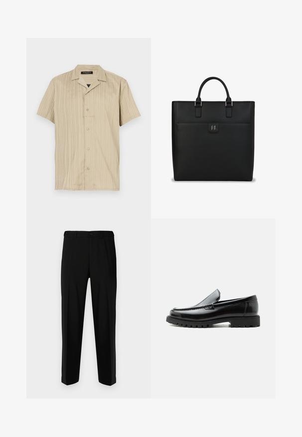 Camisa beige de manga corta con textura de canalé vertical, diseño de cuello, cierre de botones y un corte relajado.; Pantalones negros de tela suave, con corte recto, dos bolsillos frontales y cremallera con cierre de botón.; Mocasín de cuero negro con suela de goma gruesa, empeine cosido y nombre de la marca en relieve en el talón, mostrado en perfil lateral sobre fondo blanco.; Bolso tote de cuero negro con forma rectangular estructurada, asas dobles en la parte superior, detalles en plata y un bolsillo frontal con un logo.