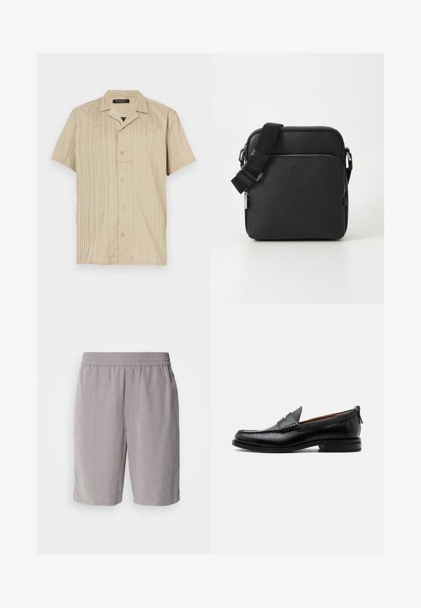 Beige shirt met korte mouwen, verticale ribbels, kraagontwerp, knoopsluiting en een ontspannen pasvorm.; Calvin Klein PULL ON - Shorts - steeple gray; Zwarte leren herensloffen met moc toe stiksel, pennyriem, gestructureerde kraag en lage gestapelde hak op witte achtergrond.; Zwarte leren schoudertas met een gestructureerd oppervlak, voorzien van een voorzak met rits, een verstelbare schouderband en metalen accenten.