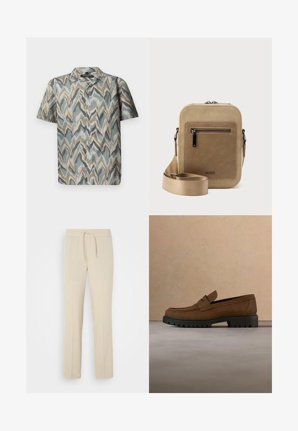 Chemise à manches courtes avec un motif en vagues dans des teintes de turquoise, gris, beige et or. Fabriquée en tissu léger avec un devant à boutons.; Pantalons beiges à taille élastique avec cordon de serrage. Comprend des jambes droites et une texture lisse, adaptés pour un usage décontracté ou pour se détendre.; Mocassin en cuir marron foncé avec semelle épaisse en caoutchouc noir présenté au-dessus d’un tapis beige et d’un canapé en arrière-plan.; Petit sac bandoulière beige avec poche avant zippée, logo métallique ALDO, sangle large ajustable et forme rectangulaire arrondie sur fond blanc.