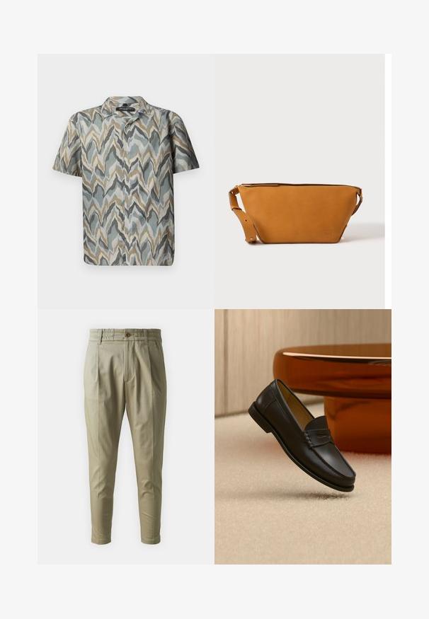 Chemise à manches courtes avec un motif en vagues dans des teintes de turquoise, gris, beige et or. Fabriquée en tissu léger avec un devant à boutons.; Pantalons tapered beige clair avec une taille élastique, fermeture à bouton sur le devant et deux poches latérales ; tissu lisse avec un léger éclat.; Chaussure mocassin en cuir noir suspendue au-dessus d’un tapis beige avec du mobilier moderne couleur ambre en arrière-plan.; Sac bandoulière en cuir marron clair avec sangle réglable et fermeture éclair, présenté sur un fond clair uni.