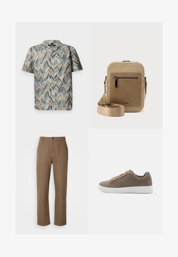 Chemise à manches courtes avec un motif en vagues dans des teintes de turquoise, gris, beige et or. Fabriquée en tissu léger avec un devant à boutons.; Pantalons en coton marron avec une coupe droite, fermeture à bouton et poches latérales. Ils présentent une texture lisse et un design simple, sans embellissement.; Baskets en daim marron avec des semelles en caoutchouc blanc plat, design lacé, bout rond et texture lisse. Style minimaliste avec des détails de couture subtils.; Petit sac bandoulière beige avec poche avant zippée, logo métallique ALDO, sangle large ajustable et forme rectangulaire arrondie sur fond blanc.